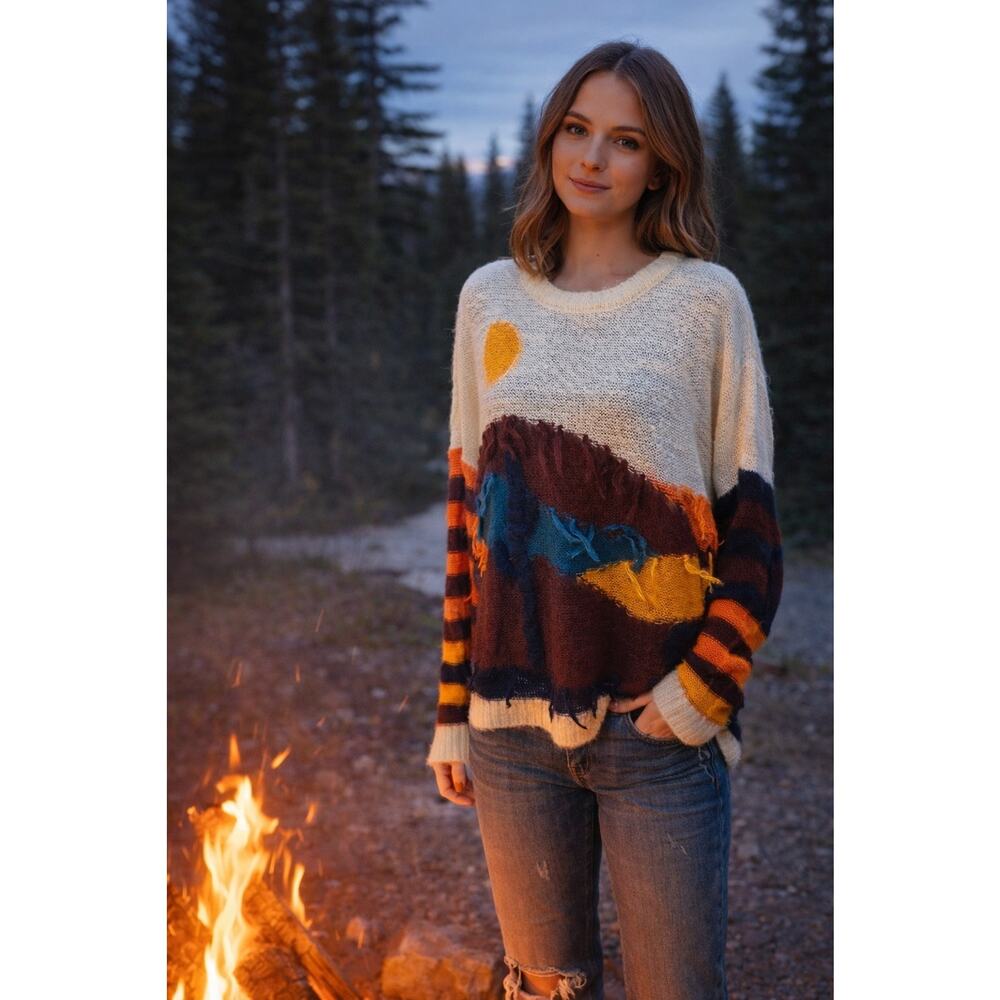 Rock & Roll Denim Womens Cream Knit Sweater L Boho Mountain Sun Art